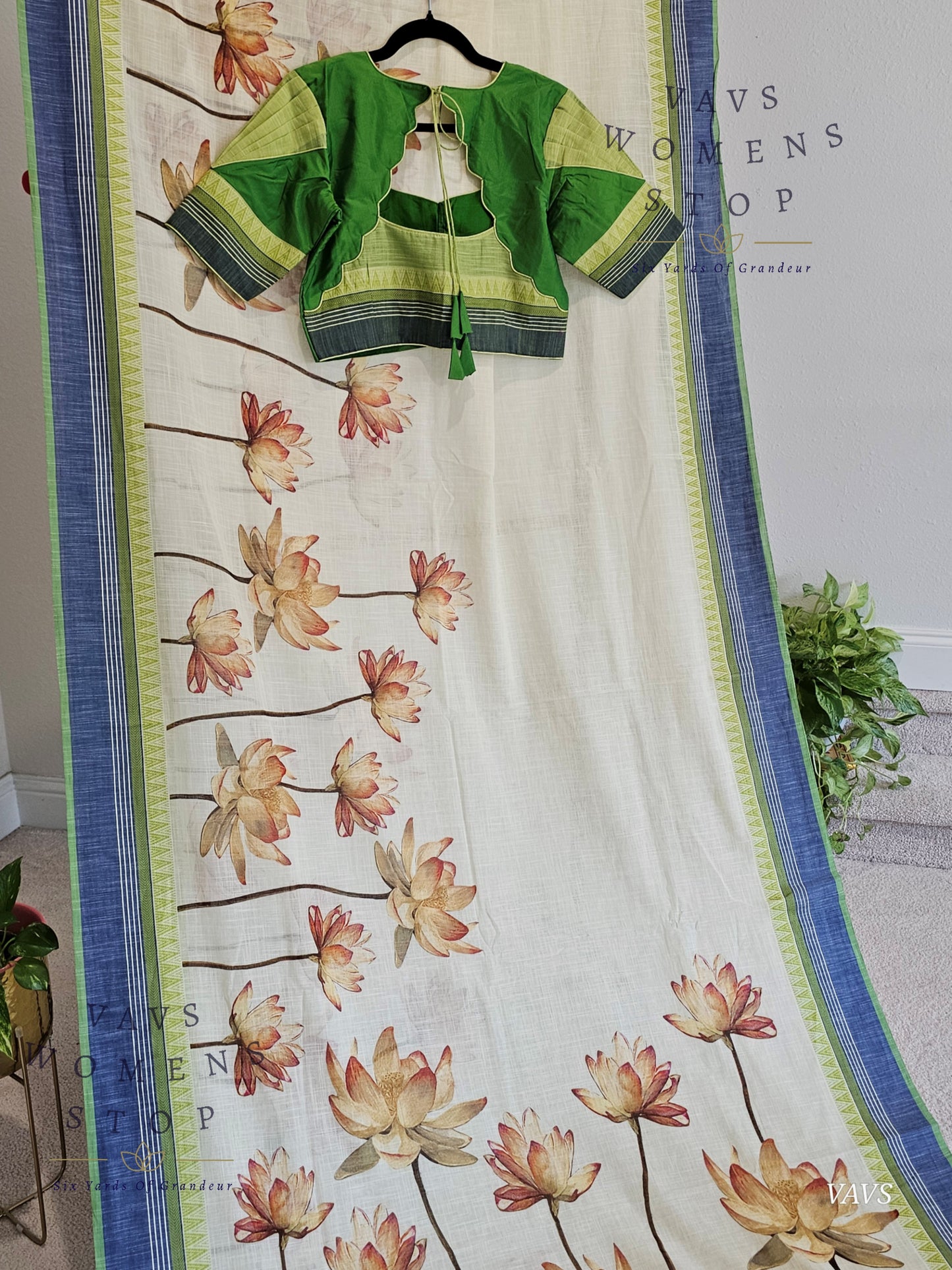 Khadi Cotton Digital Print Saree with Stitched Blouse