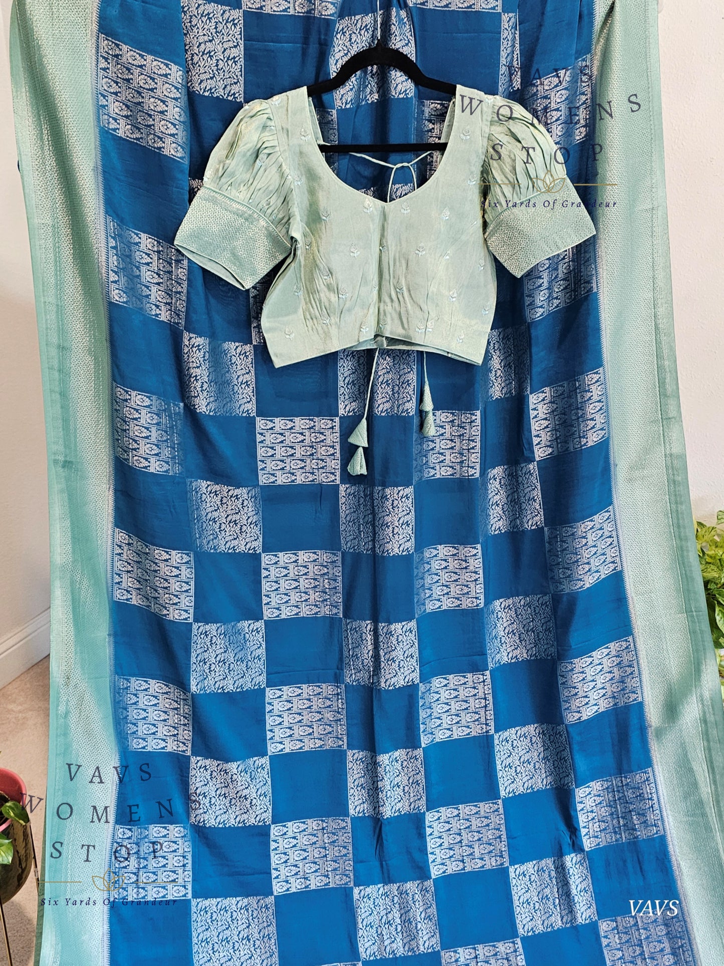 Teal Blue Shade Semi-Crepe Chiffon Saree with Sea Green Border | Stitched Blouse Included