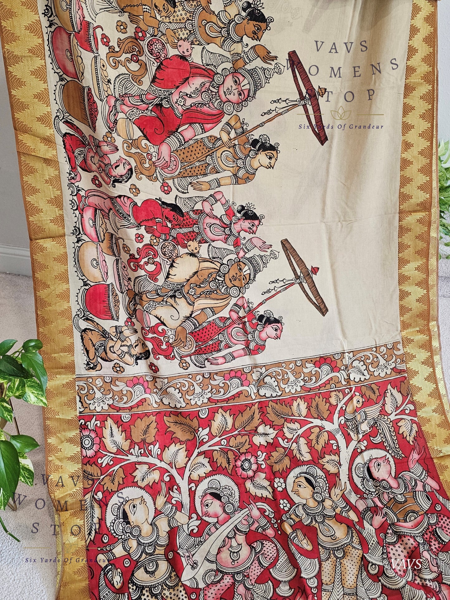 Bangalore Silk Kalamkari Hand-Painted Saree with Zari Border & Stitched Blouse