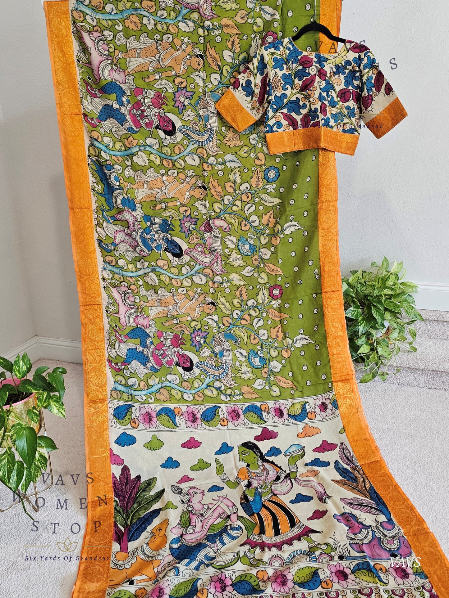 Bangalore Silk Kalamkari Hand-Painted Saree with Zari Border & Stitched Blouse