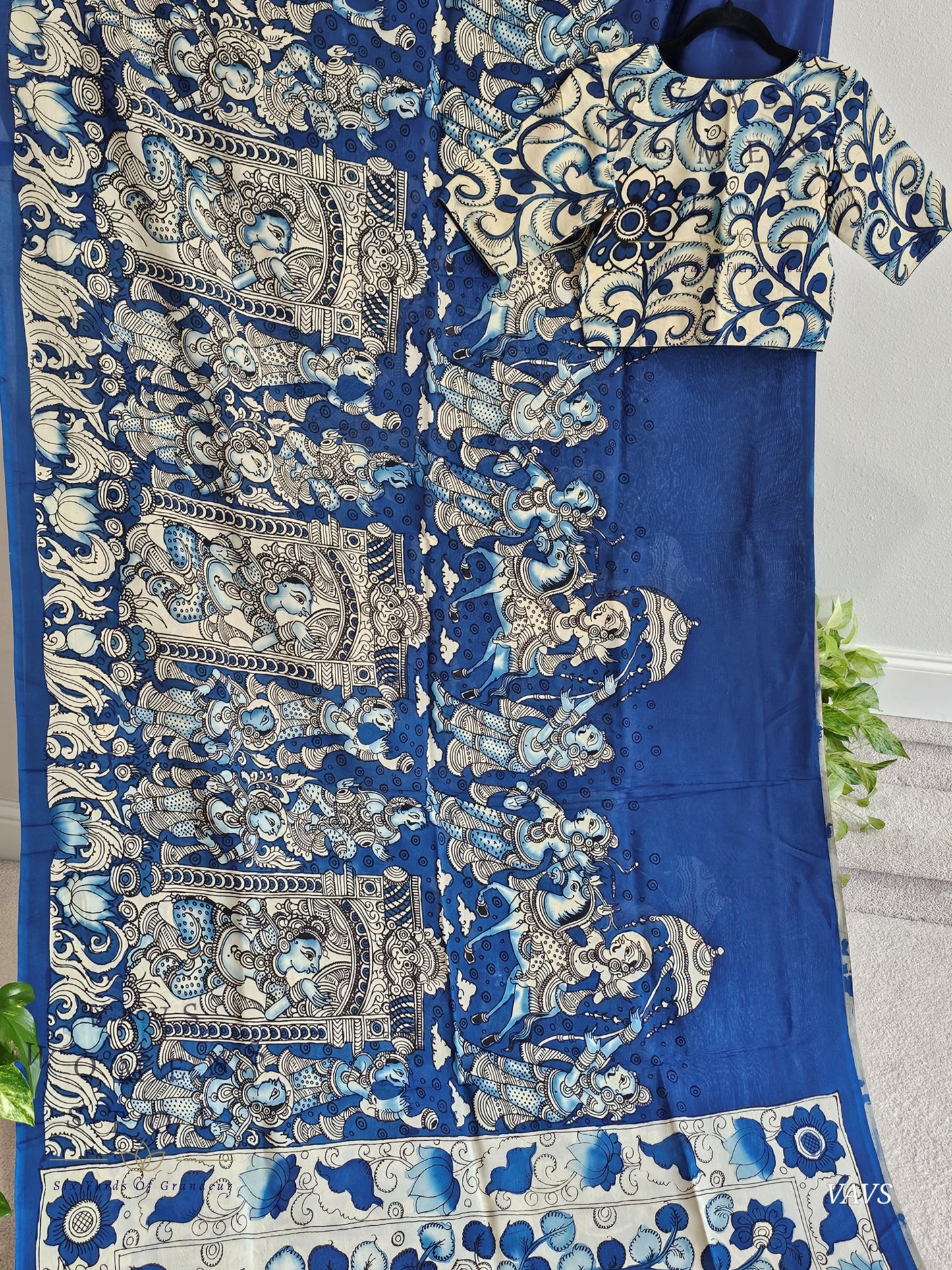 Bangalore Silk Kalamkari Hand-Painted Saree & Stitched Blouse