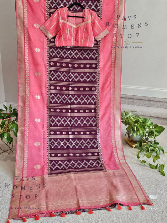 Contrast Color Combination Trending Design Linen Benarasi Silk Saree with Stitched Blouse
