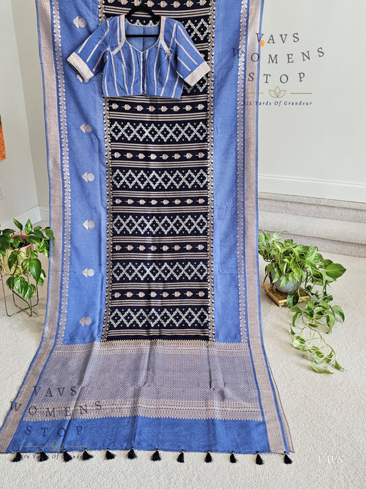 Contrast Color Combination Trending Design Linen Benarasi Silk Saree with Stitched Blouse