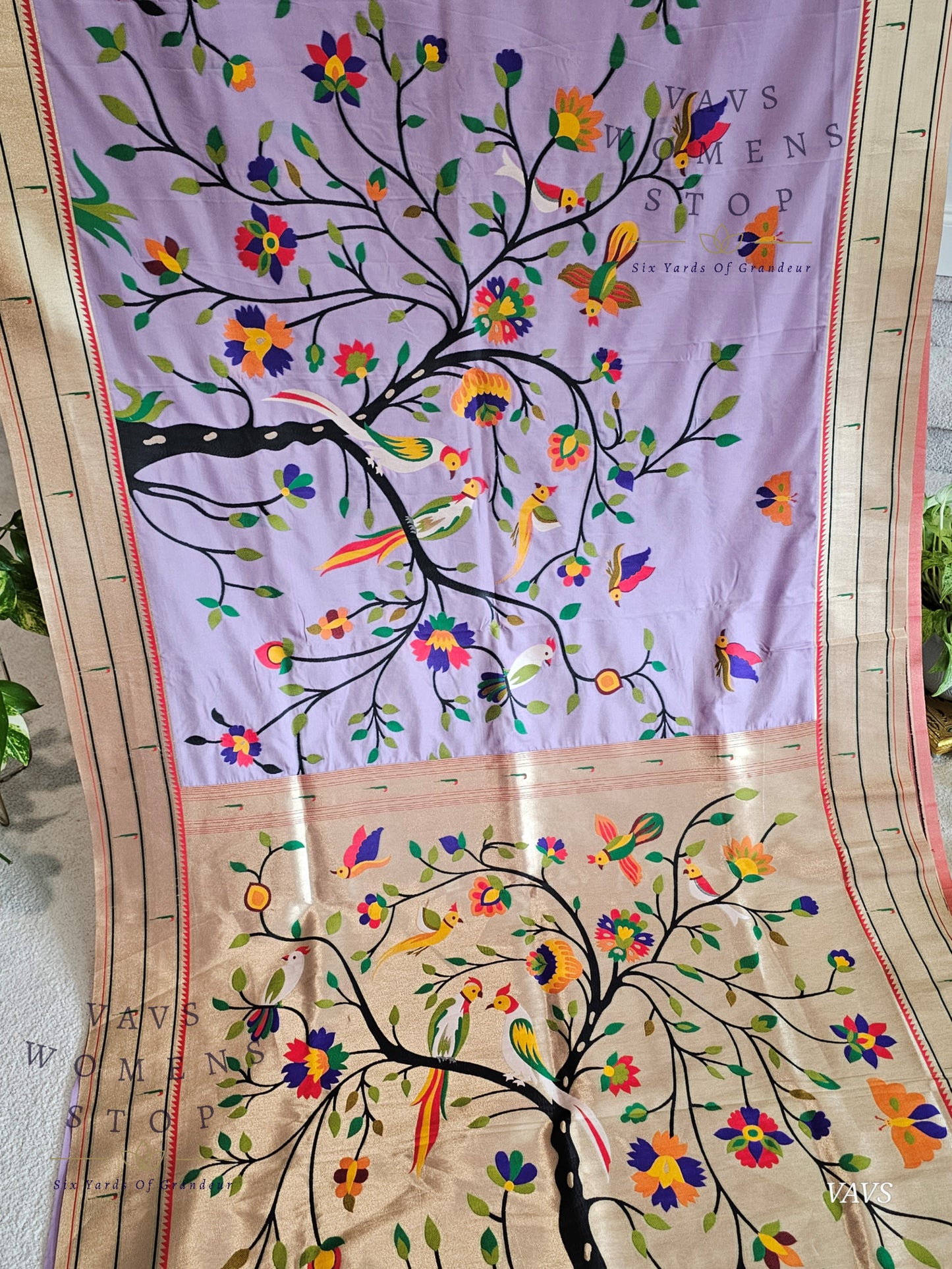 Semi Banarasi Paithani Saree with All-Over Birds Weaving | Stitched Blouse Included