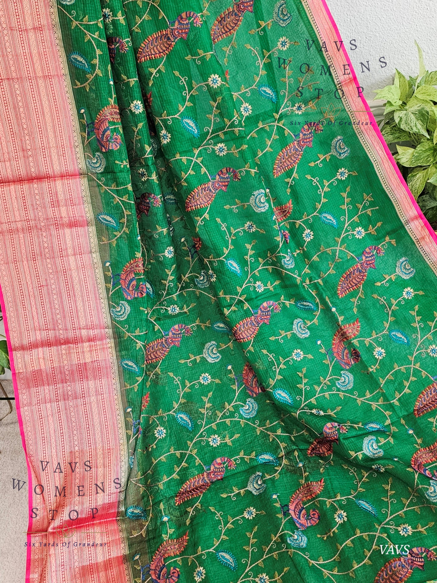 Premium Kota Silk Meenakari Designer Saree with All-Over Peacock Embroidery | Stitched Blouse Included