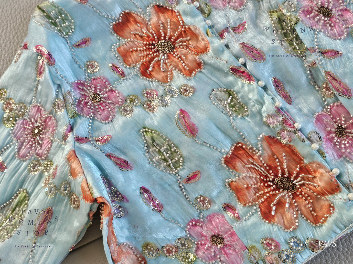 Blue Shade Floral Print Machine Embroidered Blouse
