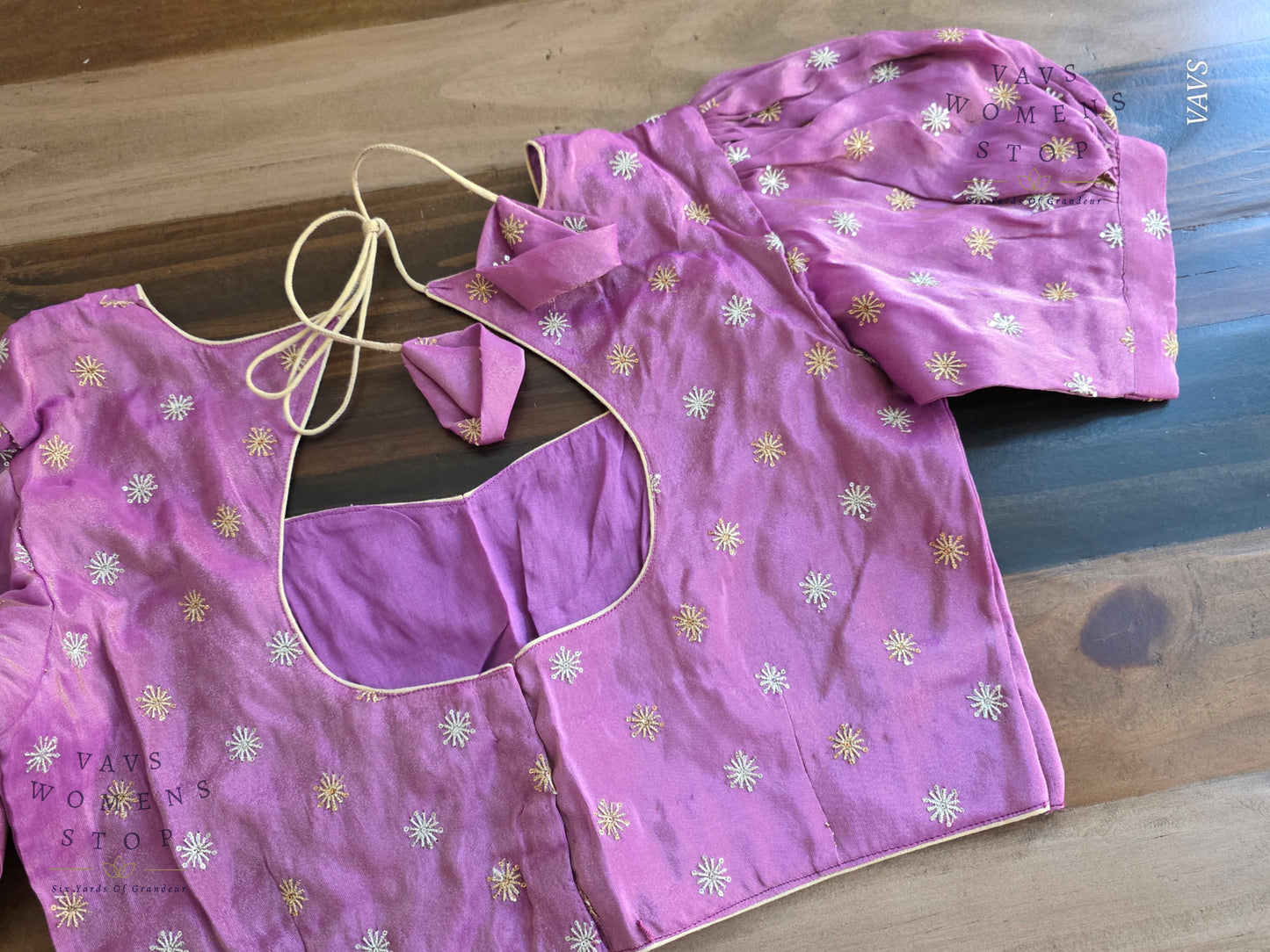Lavender Shade Tissue Blouse with Puff Sleeves & Star Butta Design | Size 38–44