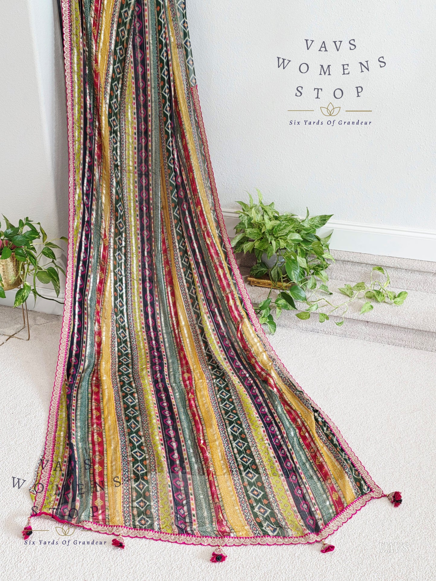 Viscose Georgette Designer Striped Saree with Lace Border with Stitched Blouse