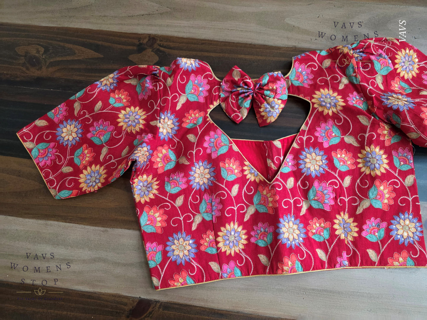 Red Tussar Raw Silk Floral Embroidered Blouse