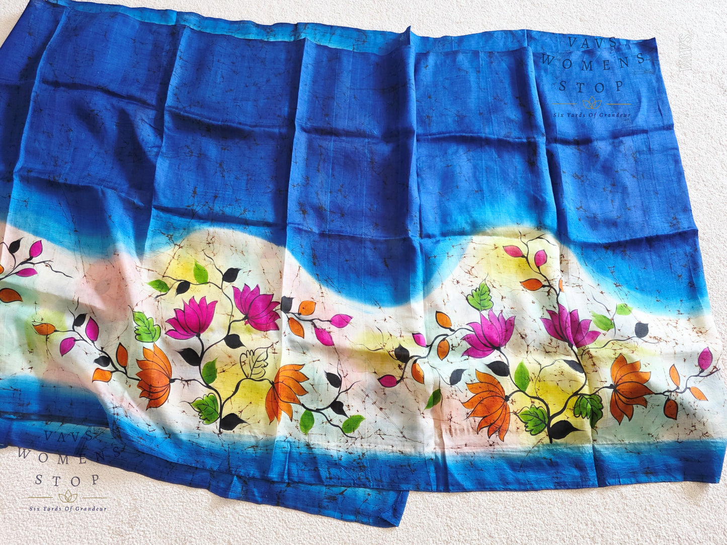 Fusion Batik & Kalamkari Floral Pure Tussar Silk Saree with Pure Jasmine Silk Stitched Blouse