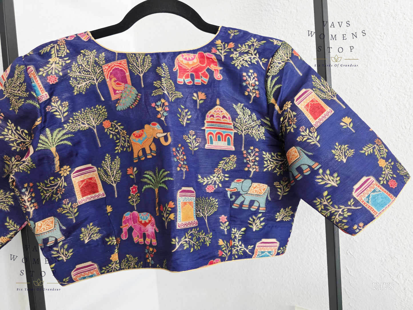 Navy Blue Designer Banarasi Silk Cotton fabric with Elephant & Peacock Print | Stitched Blouse