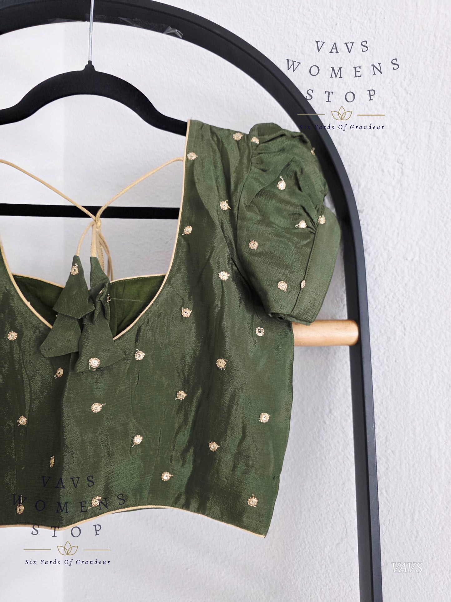 Dark Olive Green Shade Short Puff Sleeves Blouse