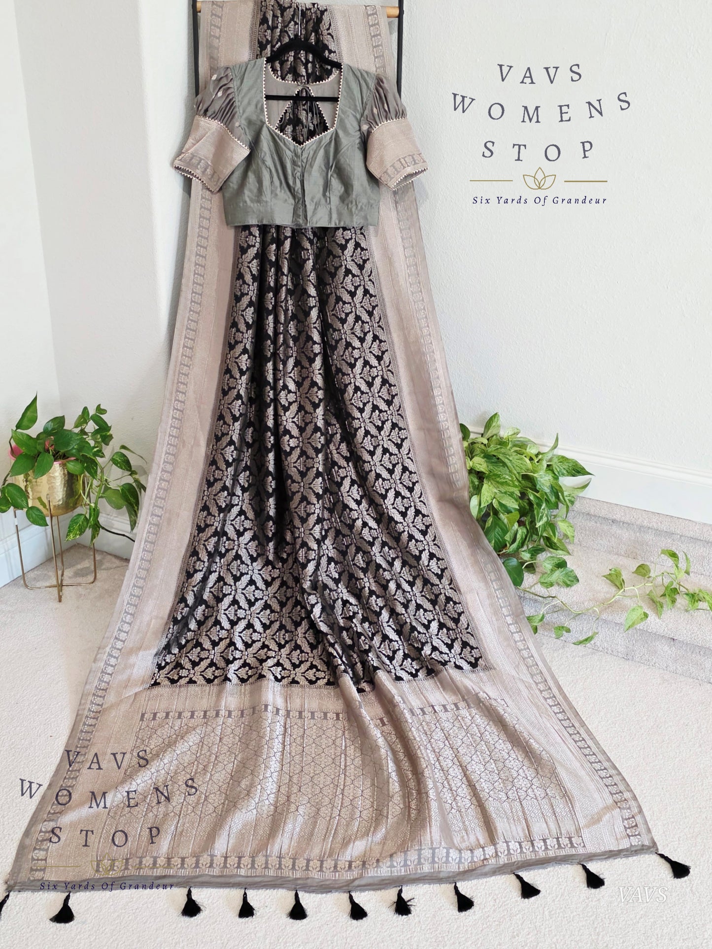 Black Banarasi Semi Tussar Georgette Saree with All Over Meenakari & Gray Border | Stitched Blouse Size 38–44 | Ready to Ship USA – VAVS Women’s Stop
