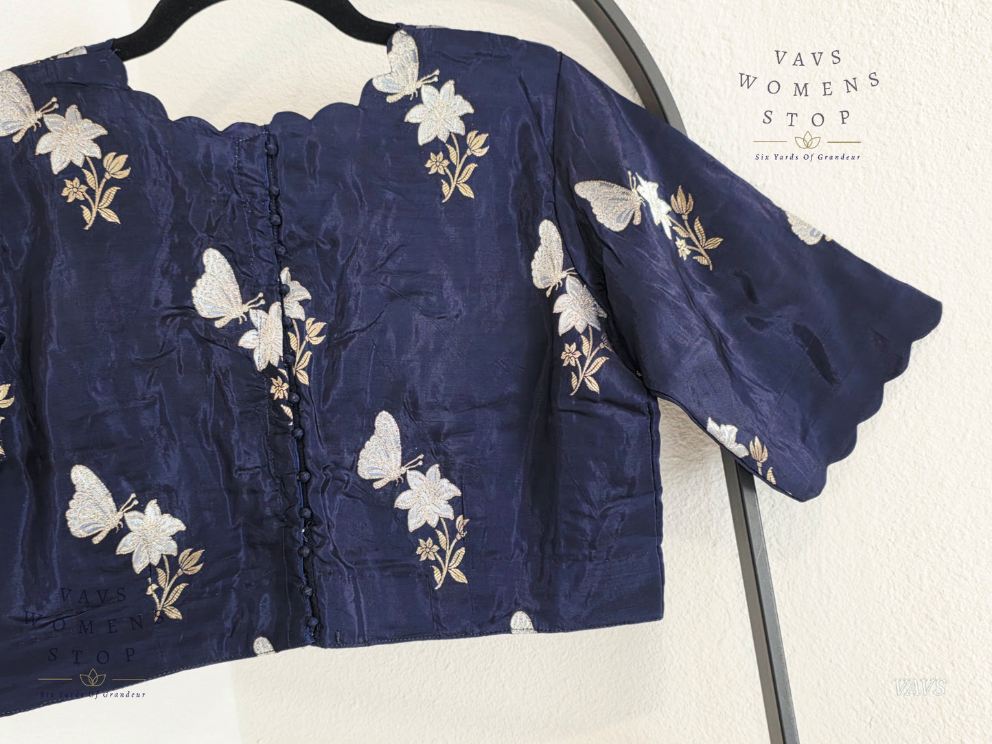 Navy Blue Shade Munga Crepe Silk Butterfly Butta Stitched Blouse