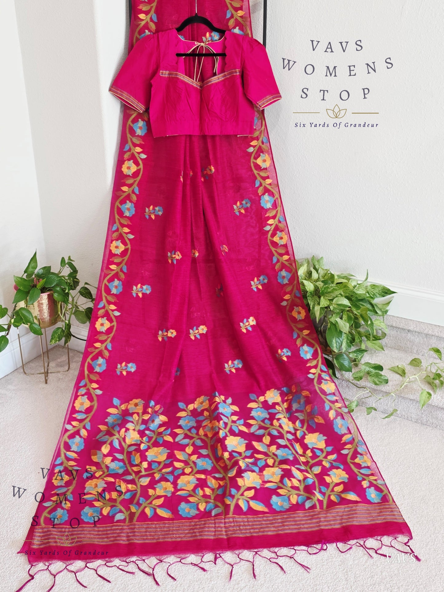 Semi Matka Silk Jamdani Saree with stitched Blouse