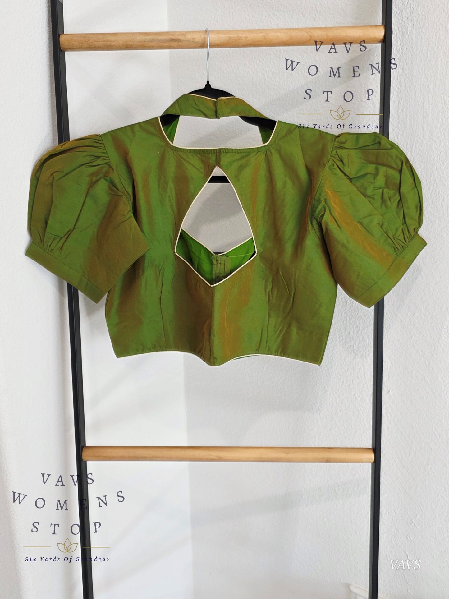 Green Shade Puff Sleeves Stitched Blouse