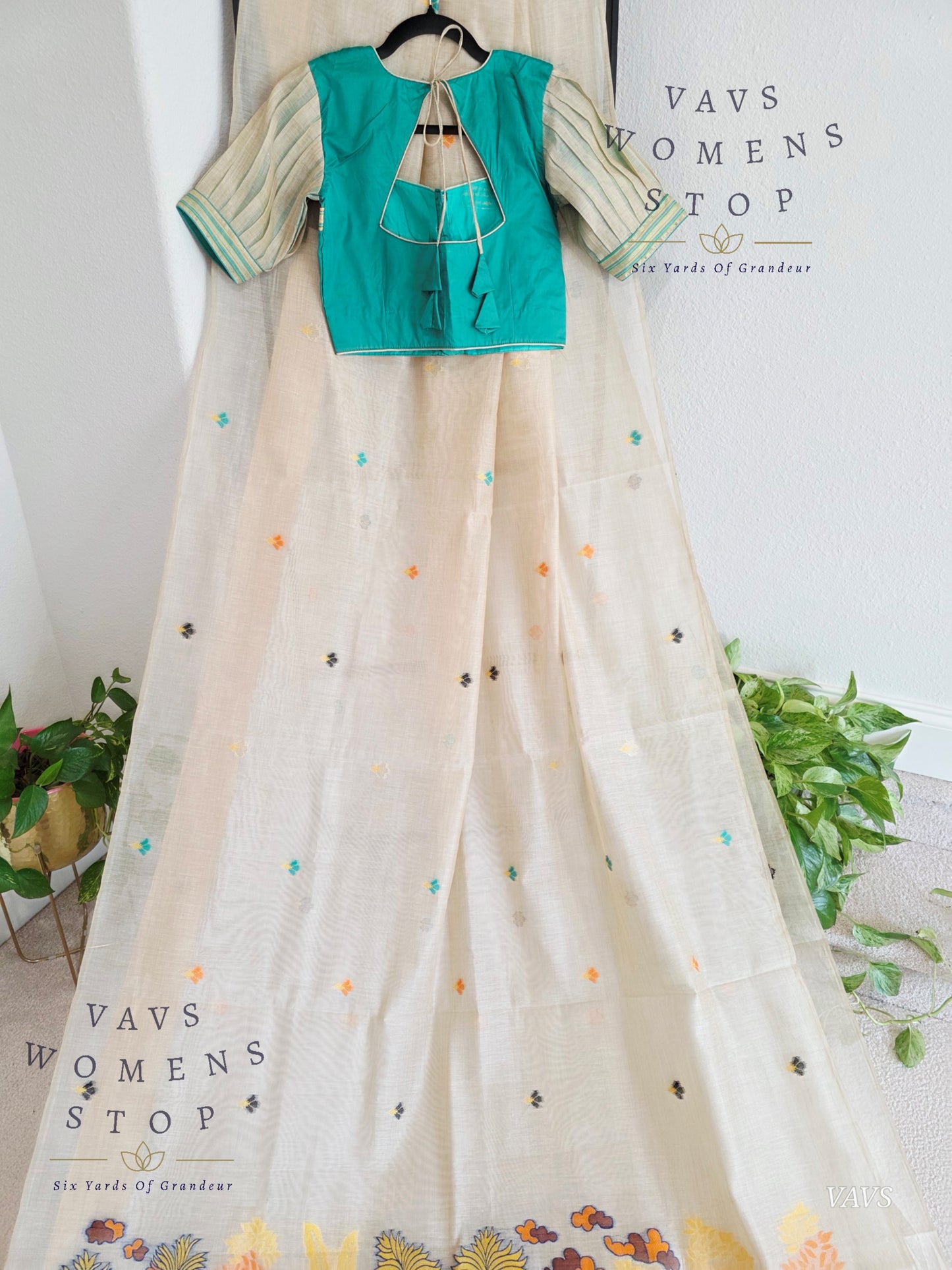 Beige Muga Cotton Soft Saree with Jamdani Pallu | Stitched Blouse