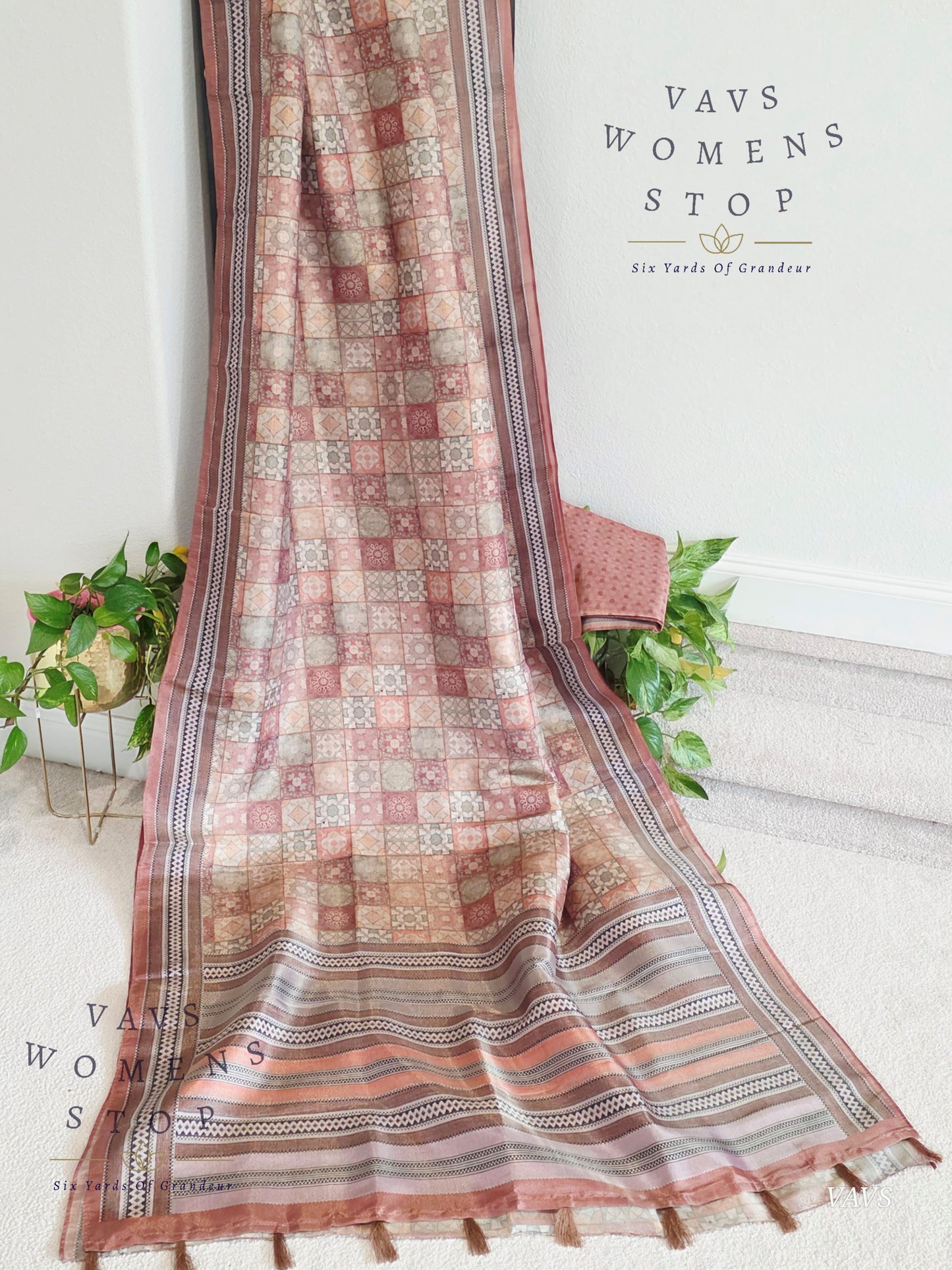 Ajrakh Print Checkered Pattern Semi Tussar Silk Saree