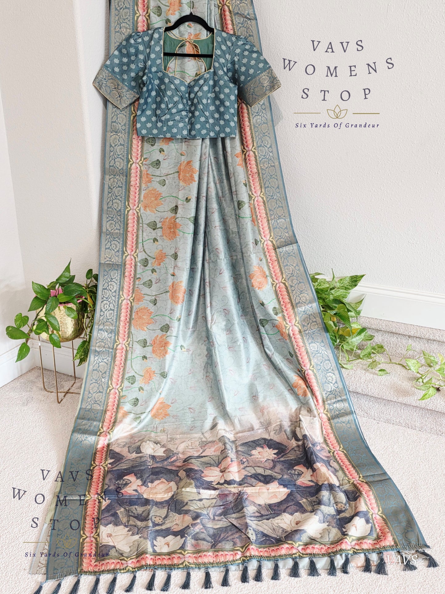 Teal Shade Soft Banarasi Silk Saree with Pichwai Print & Stitched Blouse