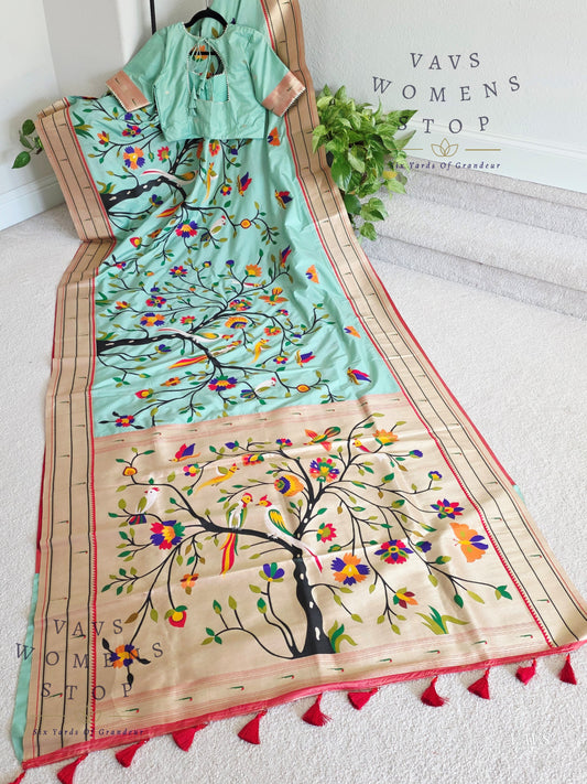 Semi Banarasi Paithani Saree with All-Over Birds Weaving | Stitched Blouse
