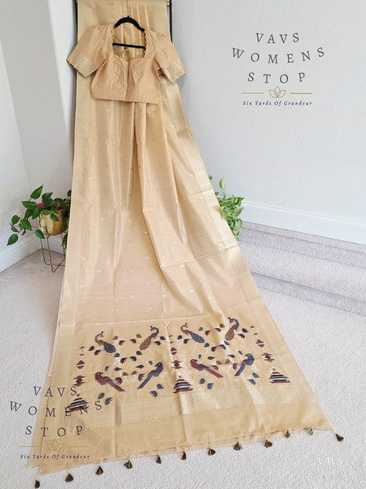 Pastel Light Brown Soft Tissue Saree with Jamdani Pallu & Stitched Blouse