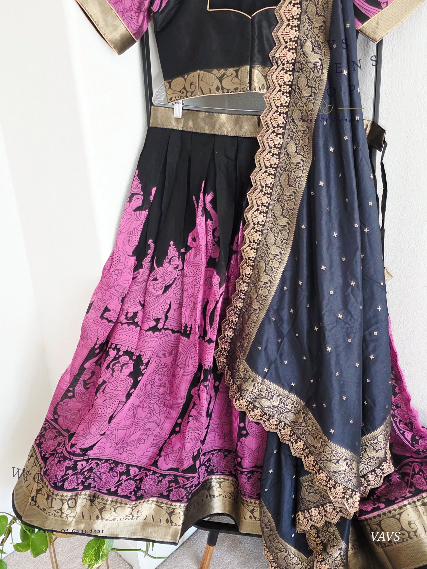 Kalamkari Print Soft Chanderi Linen Silk Half Saree Set – Cute Girls Figurine Butta | Munga Silk Cutwork Dupatta