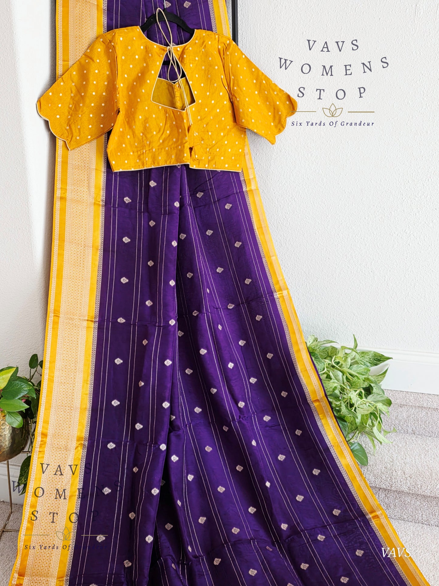 Dola Crepe Silk Saree – Purple & Mustard Yellow Color Combination | Stitched Blouse Included