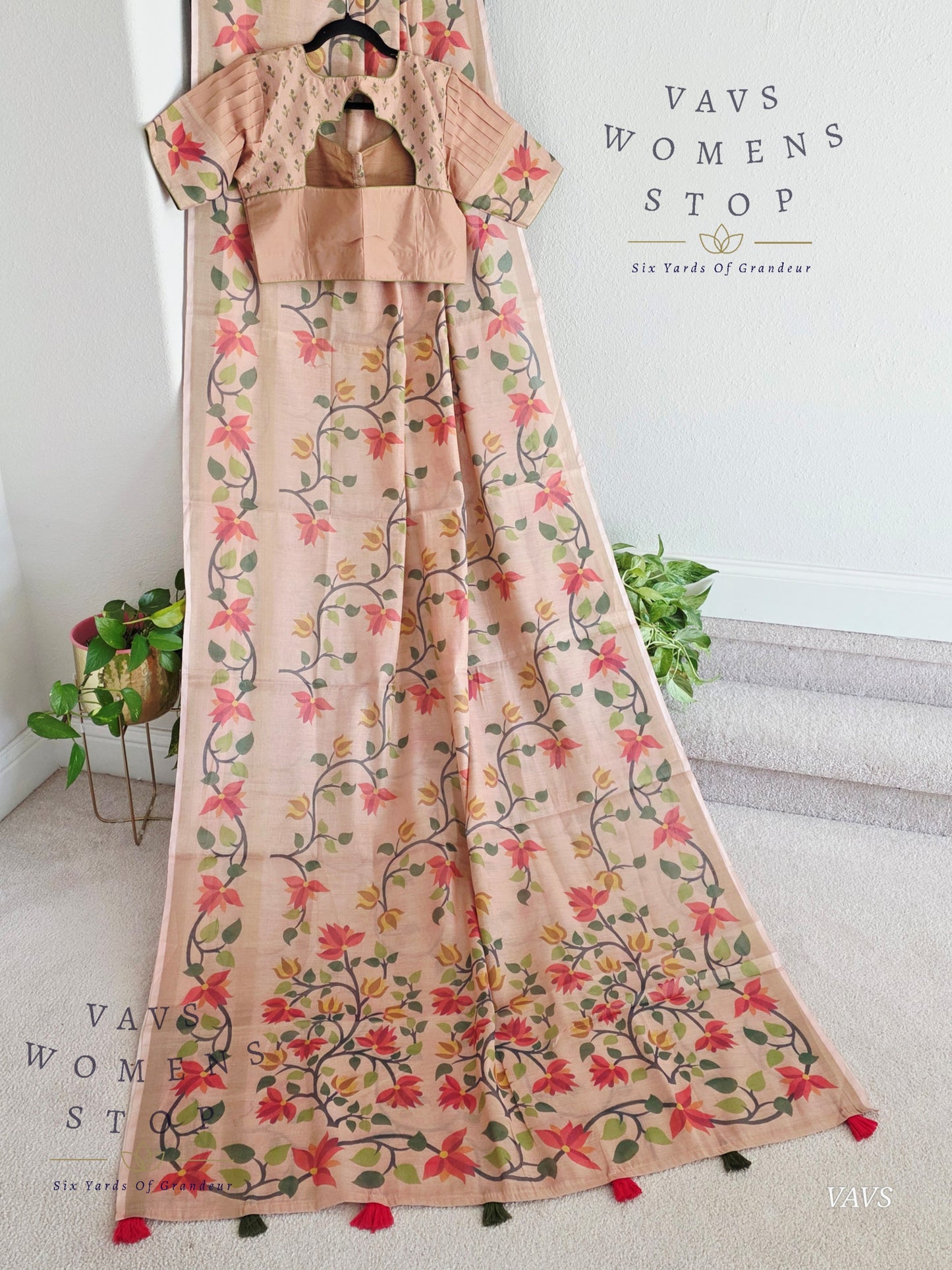 Linen Cotton Tissue Saree with Allover Jamdani Design - Stitched Blouse