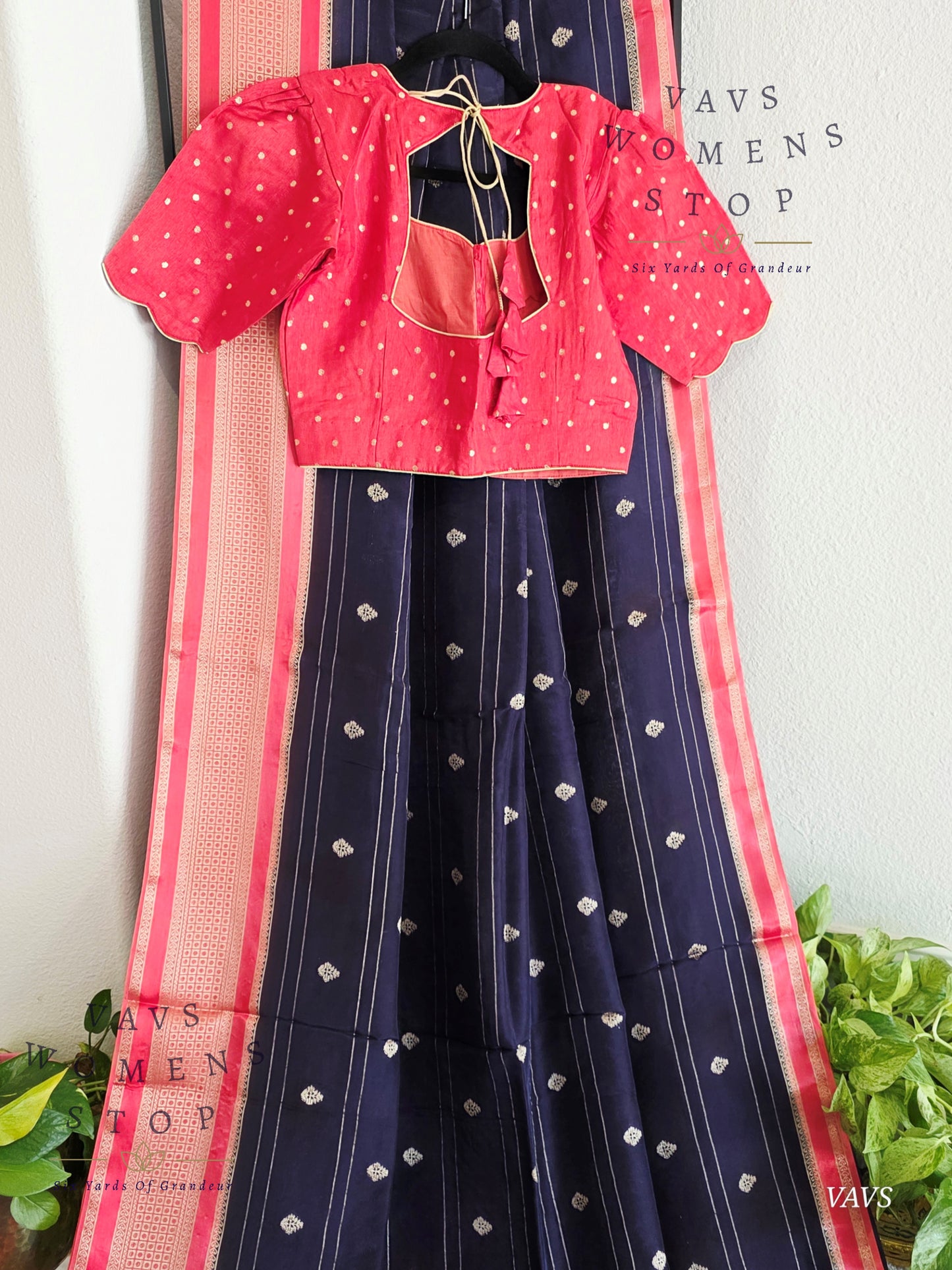 Dola Crepe Silk Saree – Blue & Pink Color Combination | Stitched Blouse Included