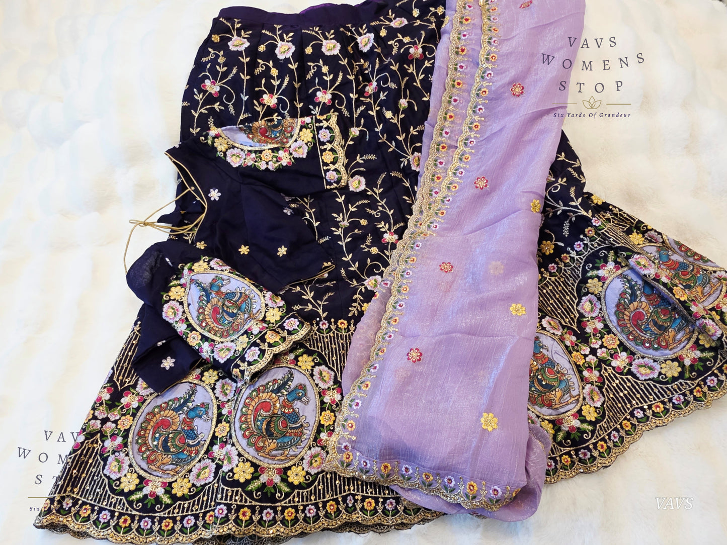 Purple Shade Designer Heavy Embroidery Lehenga Set with Peacock Applique Work | Can-Can Lined