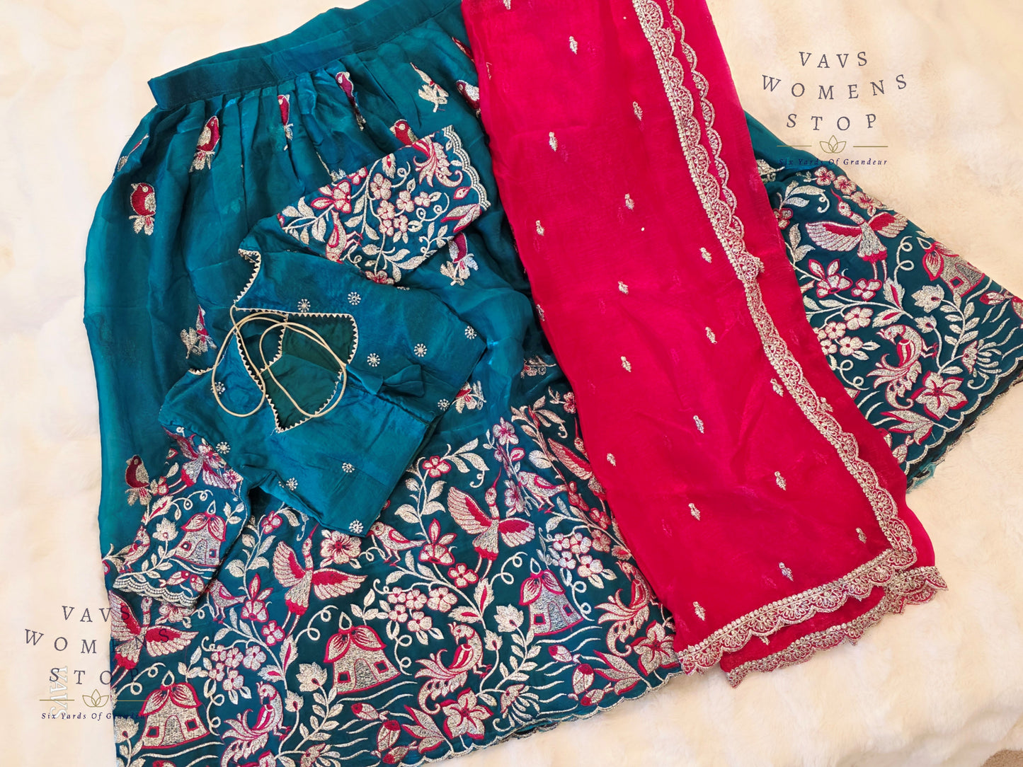 Designer Space Silk Lehenga Half Saree Set with Cute Birds Embroidery | Can-Can Lined | Suitable for Girls Ages 11+ Too