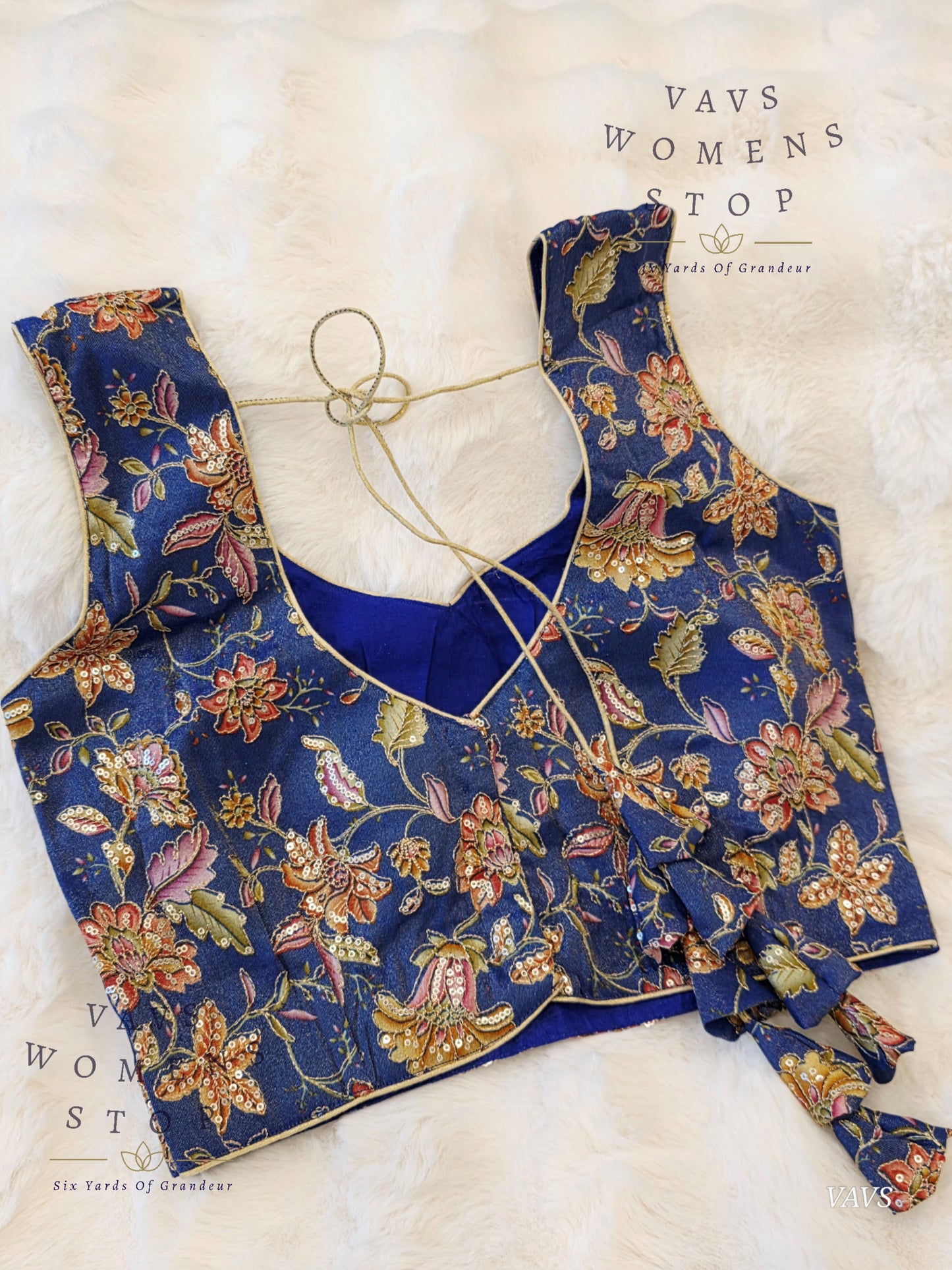 Blue Shade Floral Outline Embroidery Tissue Sleeveless Stitched Blouse