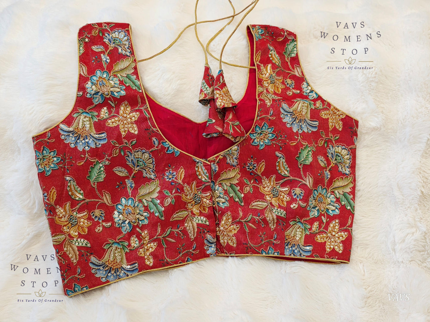 Red Shade Floral Outline Embroidery Tissue Sleeveless Stitched Blouse