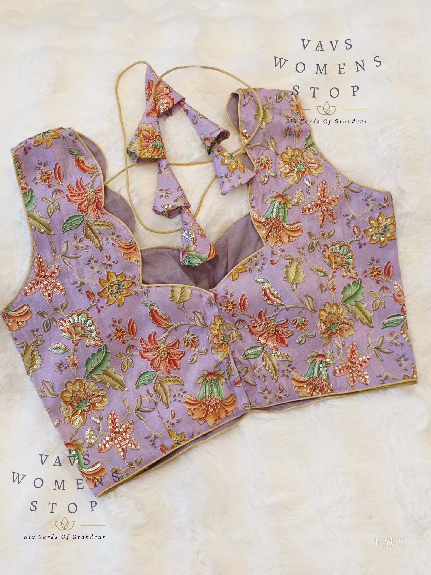 Lavender Shade Floral Outline Embroidery Tissue Sleeveless Stitched Blouse