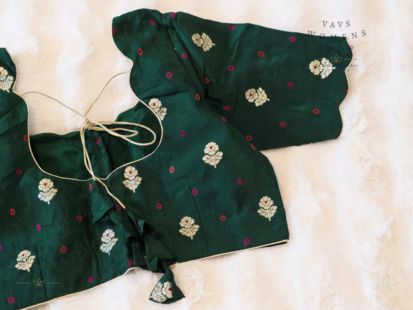 Bottle Green Bandhini Floral Butta Munga Silk Blouse