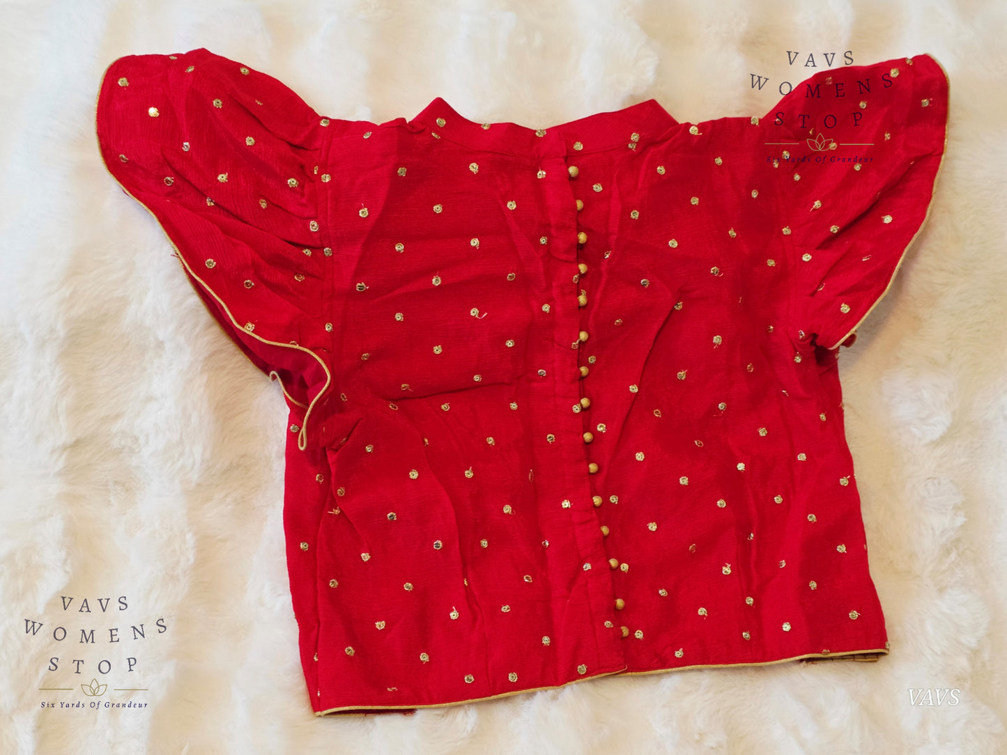 Red Turtle Neck Cap Sleeves Chinon Chiffon Blouse with Gold Butta