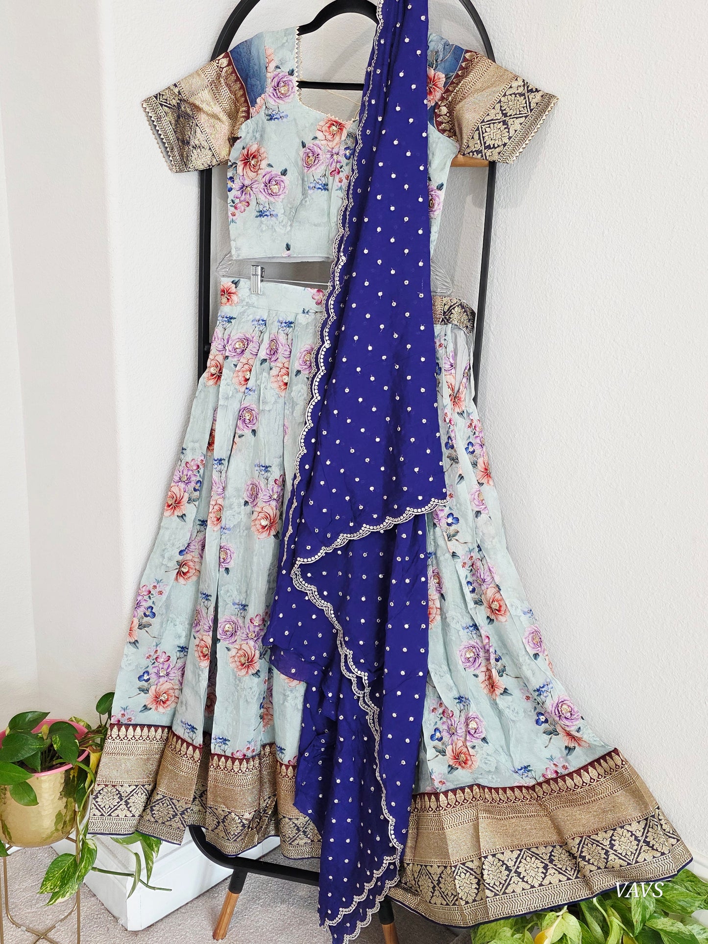 Floral Print Crepe Silk Lehenga Set with Navy Blue Dupatta