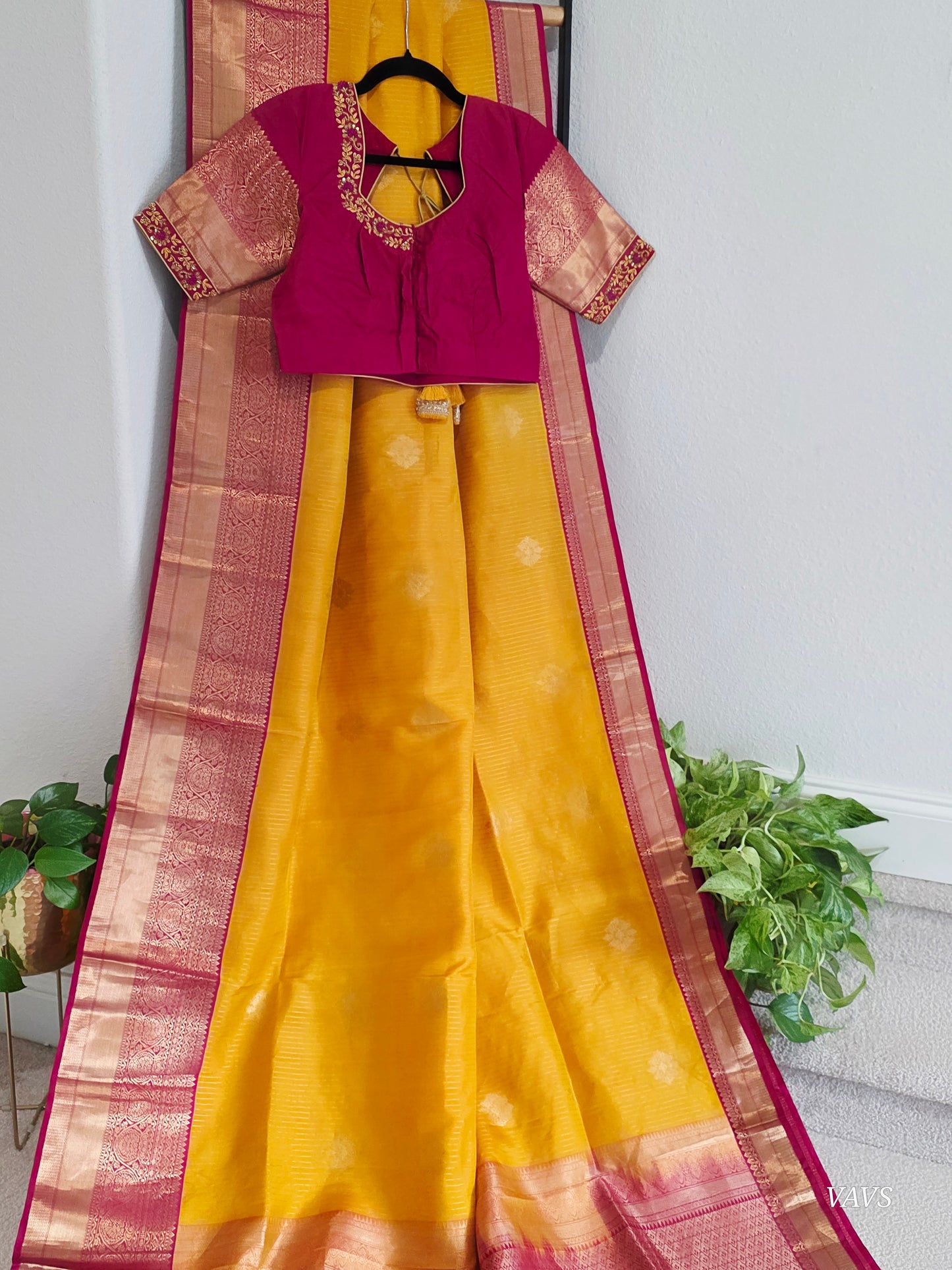 Pure Kanchi Soft Silk Saree with Stitched Blouse | Yellow & Pink Zari Border |