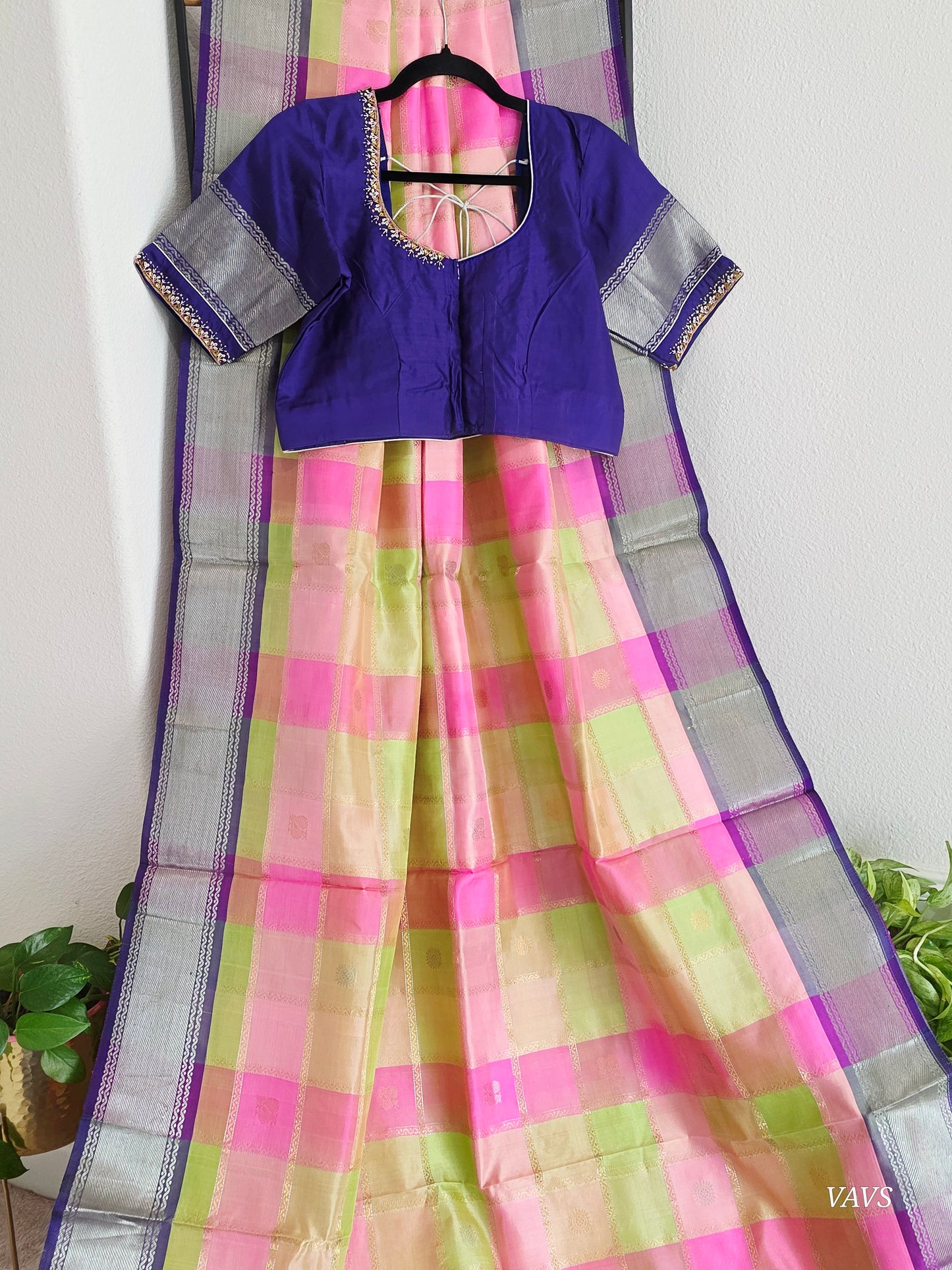 Pure Silk Handloom Checked Saree in Pastel Pink, Lime Green & Royal Blue with Maggam Blouse
