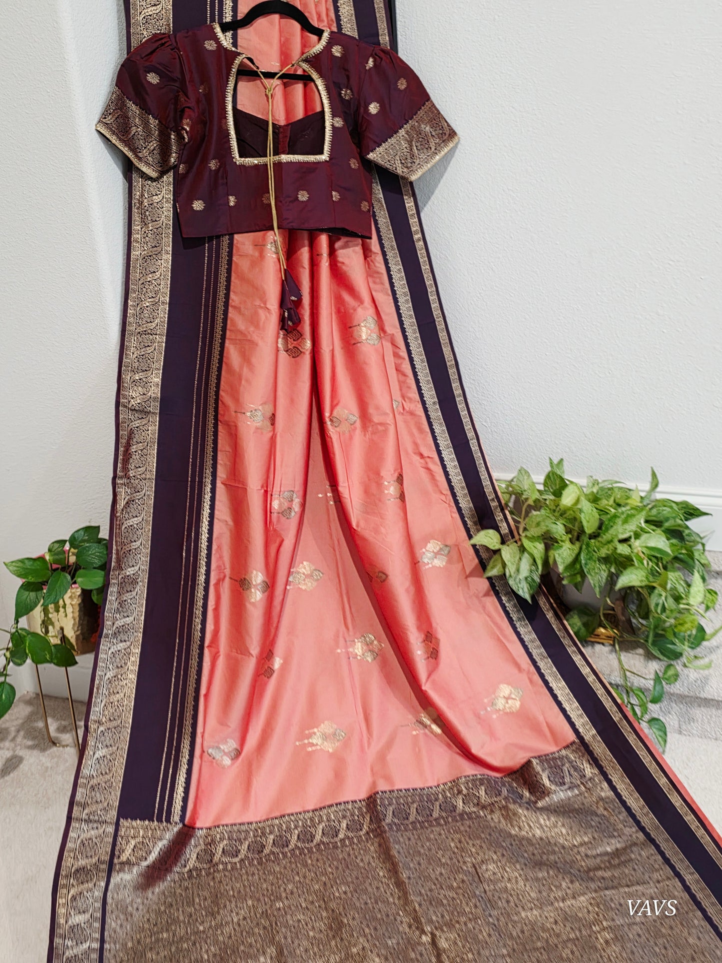 Semi Banarasi Soft Silk Saree with Zari Border & Stitched Blouse
