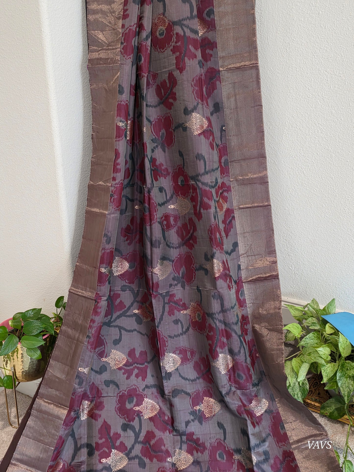 Smoky Grey Semi Kanchi Ikat Pochampally Print Soft Silk Saree with Blouse Piece