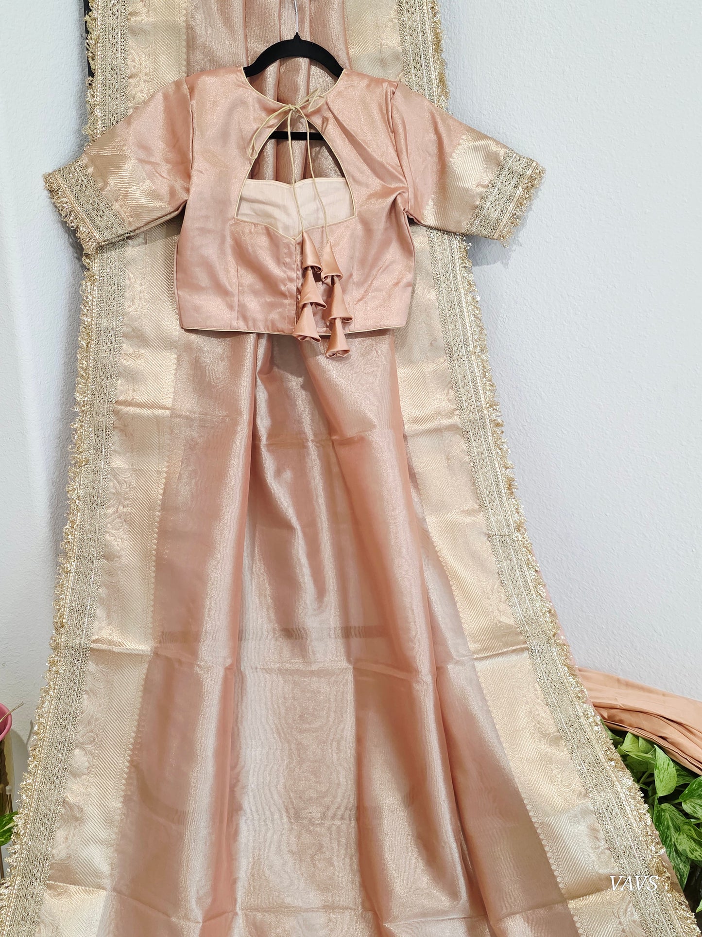 Maharani Style Peach Semi Tissue Saree with Stitched Blouse & Satin Petticoat