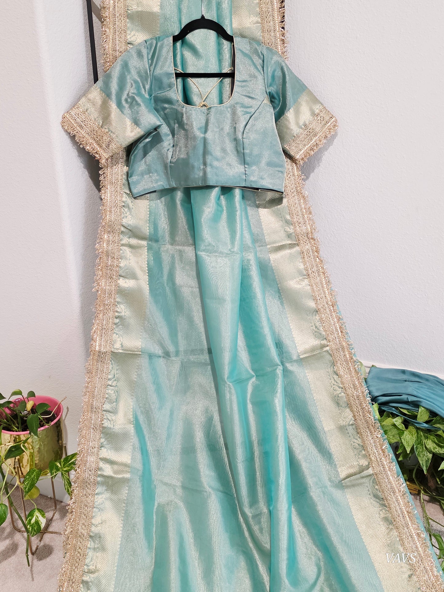 Maharani Style Sea Green Semi Tissue Saree with Stitched Blouse & Satin Petticoat