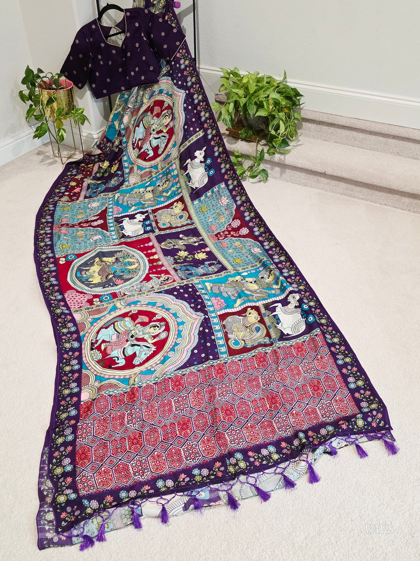 Kalamkari Print Tussar Raw Silk Style Saree with Stitched Blouse