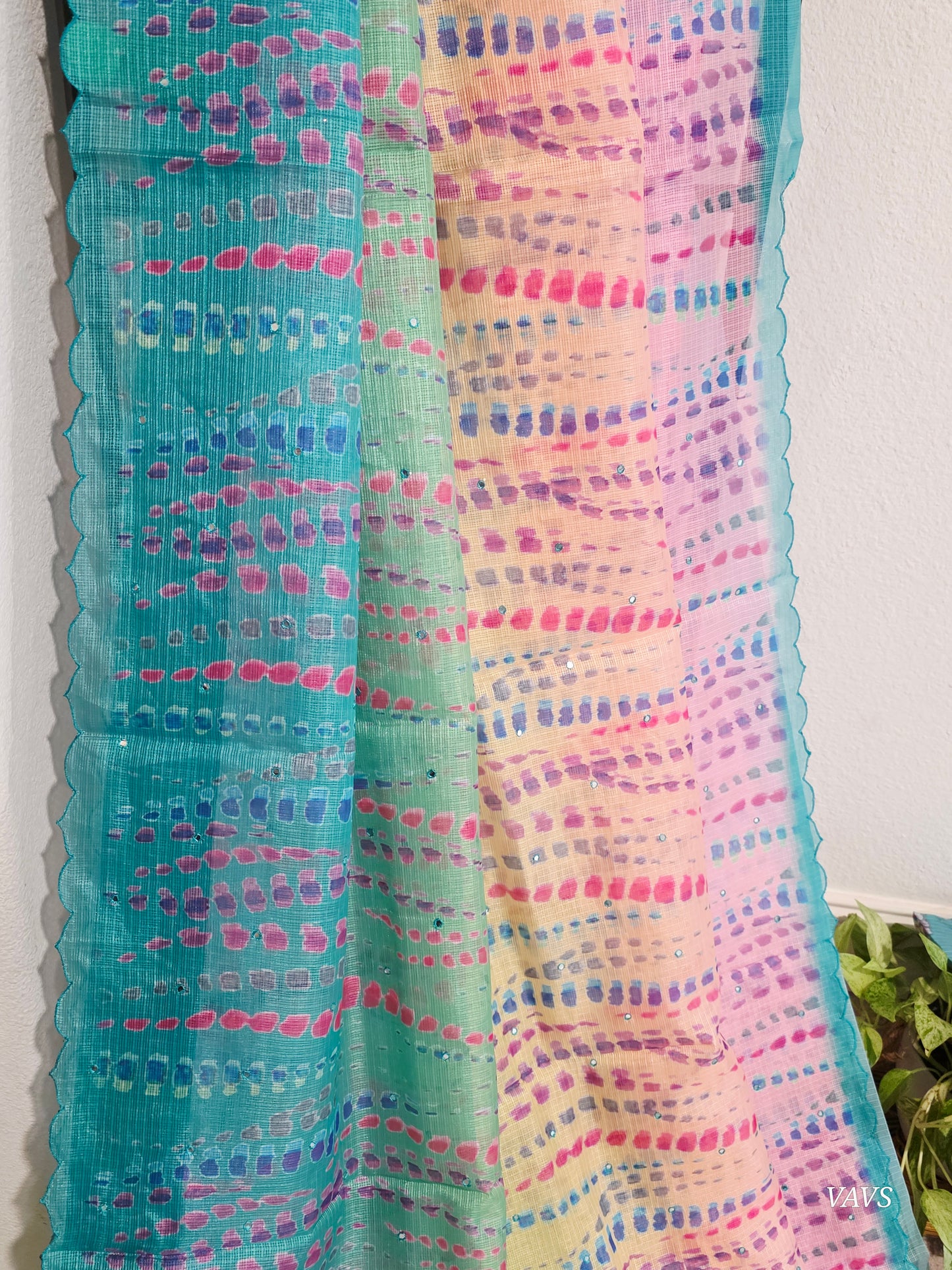 Tie-Dye Print Semi Kota Silk Saree with Scalloped Border | Includes Blouse Piece