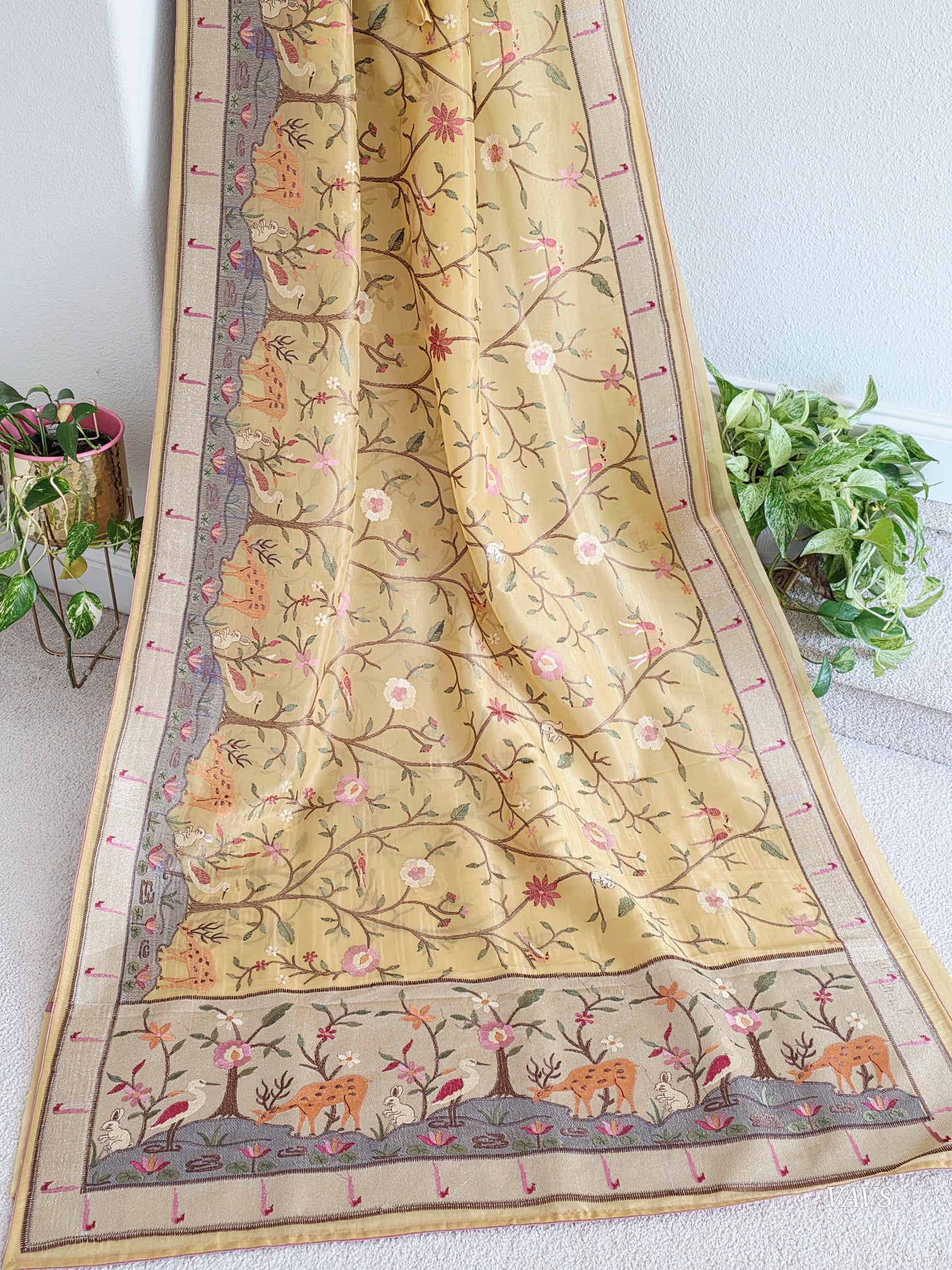 Soft 1g Tissue Saree in Light Mustard Yellow with Whimsical Forest Embroidery