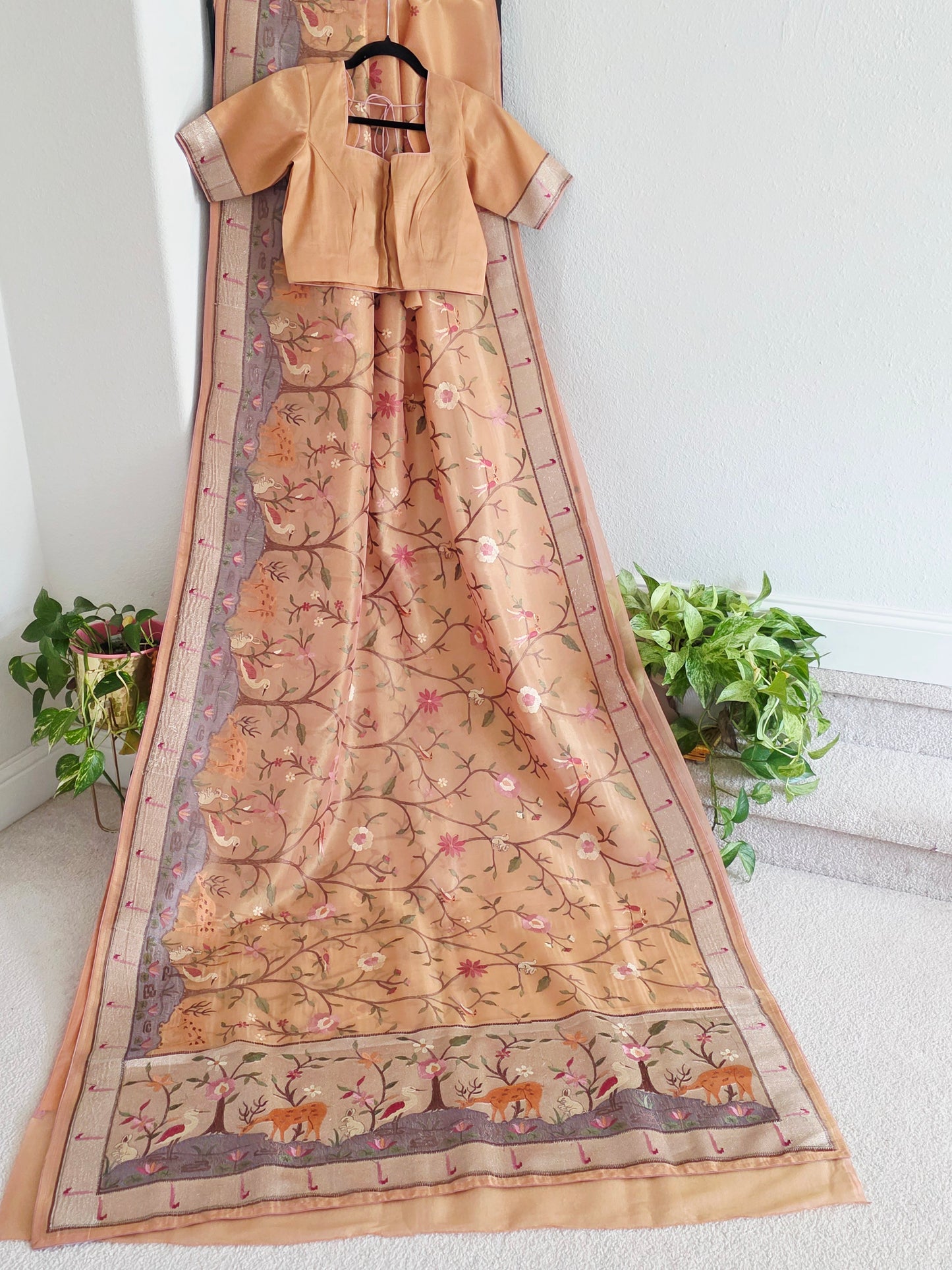 Soft 1g Tissue Saree in Peach Blush with Whimsical Forest Embroidery