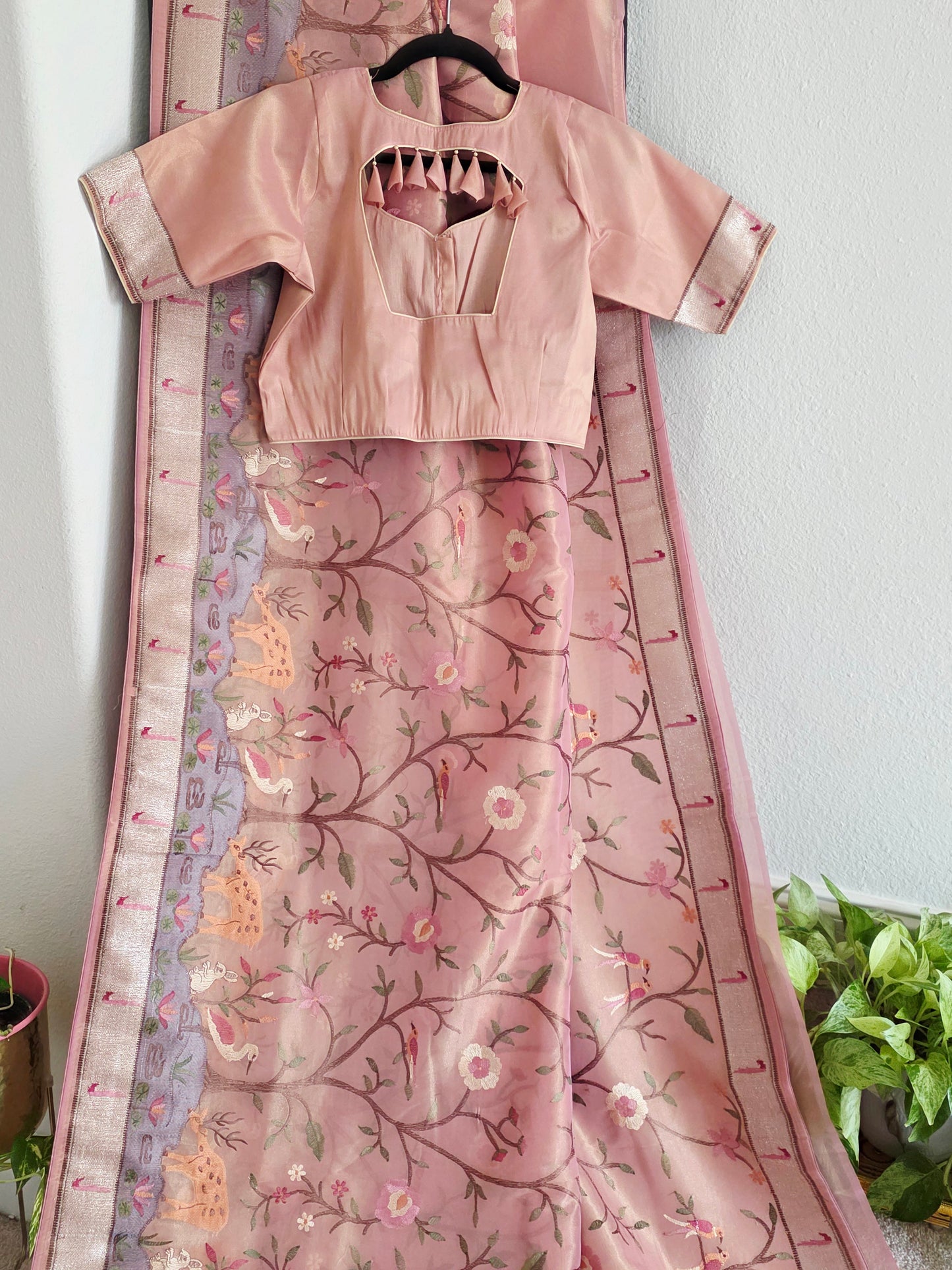 Soft 1g Tissue Saree in Blush Pink with Whimsical Forest Embroidery