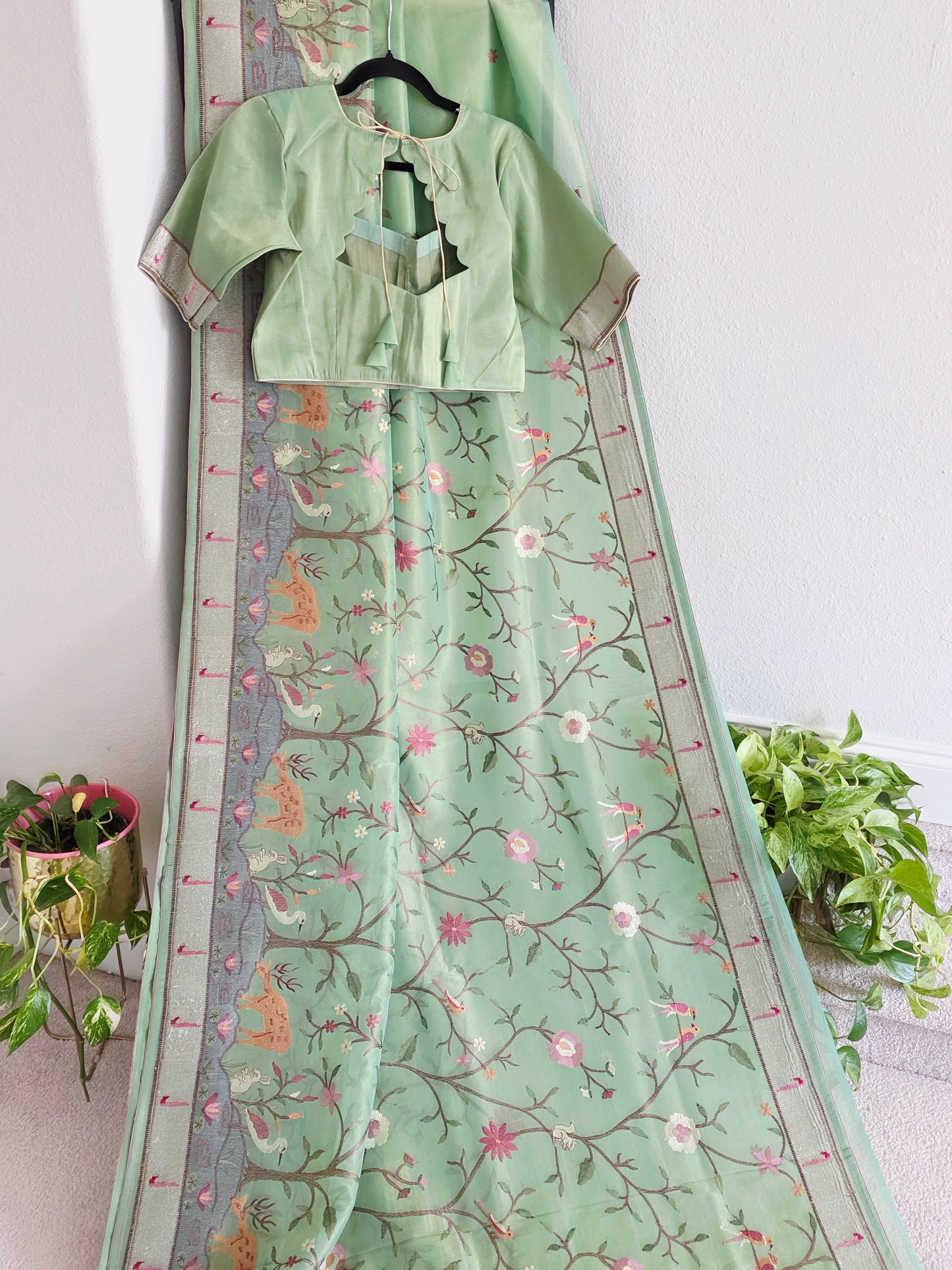 Soft 1g Tissue Saree in Sage Green with Whimsical Forest Embroidery