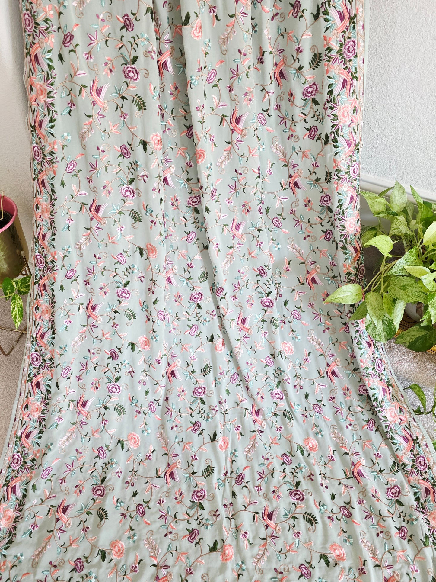 Parsi Gara Viscose Georgette Saree in Sage Green with Multicolor Floral Embroidery